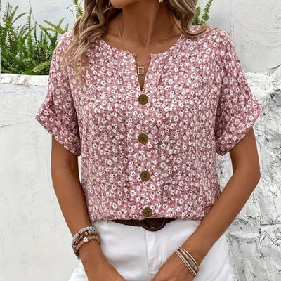 Camiseta Mujer Escote V Manga Corta Estampado Jacquard