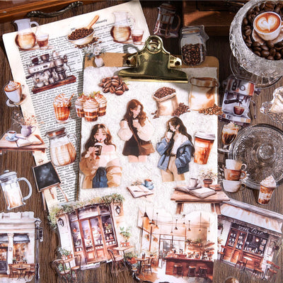 Sheet of 15 watercolor coffee shop stickers, featuring various cafe exteriors and interiors in a Nordic style.