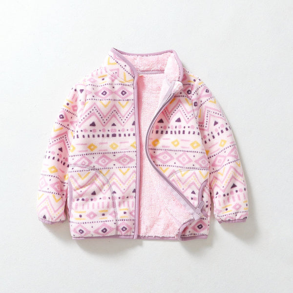 Chaqueta Casual para Niñas con Rayas Geométricas y Forro de Terciopelo