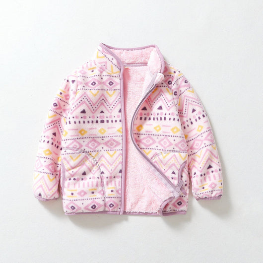 Chaqueta Casual para Niñas con Rayas Geométricas y Forro de Terciopelo