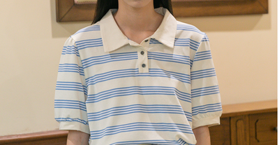 Camiseta Holgada de Algodón a Rayas con Cuello Solapa Estilo Coreano - Image 12