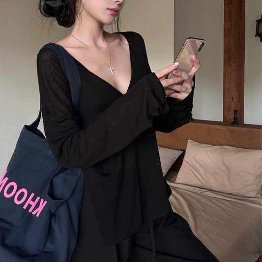 Blusa Suelta Transparente Cuello V Manga Larga Protección Solar