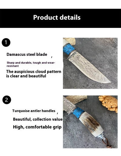 Cuchillo de Asta de Venado con Acero Damasceno y Mango Turquesa - Image 17
