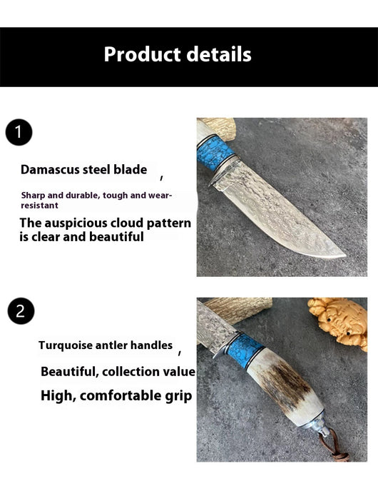 Cuchillo de Asta de Venado con Acero Damasceno y Mango Turquesa - Image 17