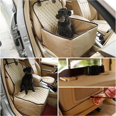 Black quilted waterproof pet seat cover and booster pad installed in a beige car, with a black dog sitting on it. - Image 3