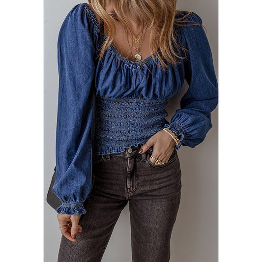 Blusa Denim con Escote en V y Mangas Largas para Mujer - Image 2