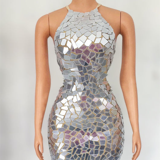 Vestido Corto Espejo sin Mangas con Lentes Insertados - Image 4