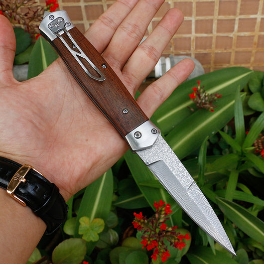 Cuchillo Plegable de Caza VG10 Damasco Artesanal con Mango de Wengué - EDC Premium