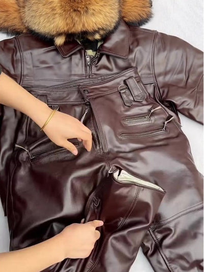 Pantalón de Cuero Gamuza Marrón Corte Holgado Efecto Estilizador - Image 4