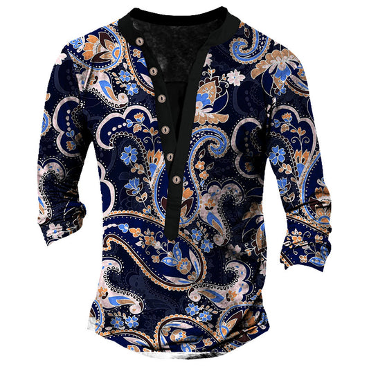 Camiseta Retro con Cuello Henry de Manga Larga para Hombre