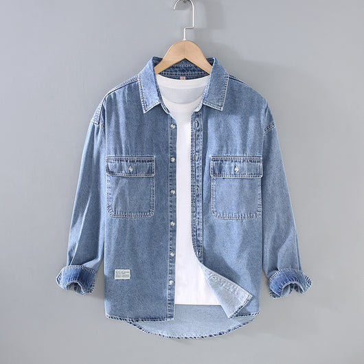 Camisa Denim Retro Vintage Lavado Doble para Hombre - Manga Larga Tono Claro