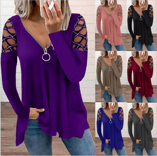 Blusa Casual para Mujer con Escote V y Mangas Caladas con Cristales - Image 3
