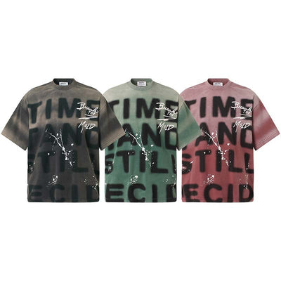 Camiseta Hombre Estilo Retro Suelta Diseño Degradado con Letras y Tinta Salpicada - Image 6