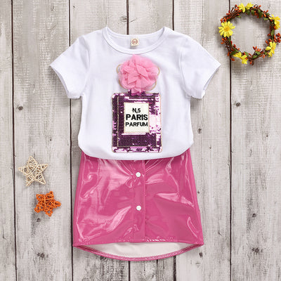 Conjunto Infantil con Top Bordado de Lentejuelas y Falda de Cuero Elástico - Image 5