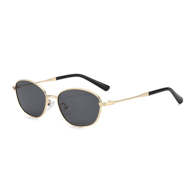 Small oval metal sunglasses for women with a gold frame and brown gradient lenses, featuring black temple tips. - Image 3