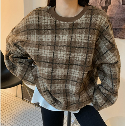 Abrigo Suéter Acolchado de Lana de Cordero a Cuadros para Mujer - Image 6