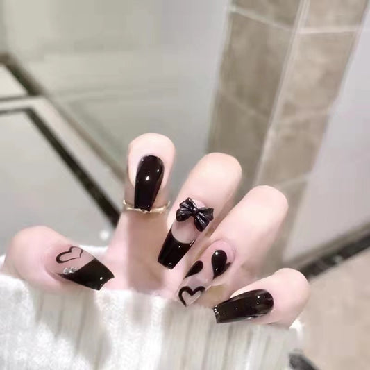 Parches de Uñas Artísticas Negras Largas Pintadas a Mano