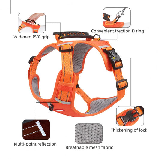 Orange no-pull dog harness with reflective strips, adjustable buckles, and a top handle for training and outdoor use. - Image 15
