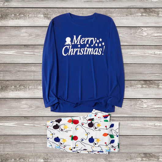 Blue long-sleeve pajama top with "Merry Christmas!" text and white bottoms with colorful Christmas lights pattern. - Image 7