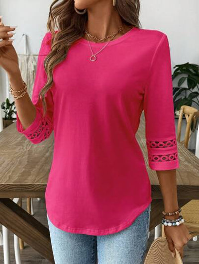 Blusa Casual para Mujer con Cuello Redondo, Encaje Patchwork y Mangas 3/4 - Image 10