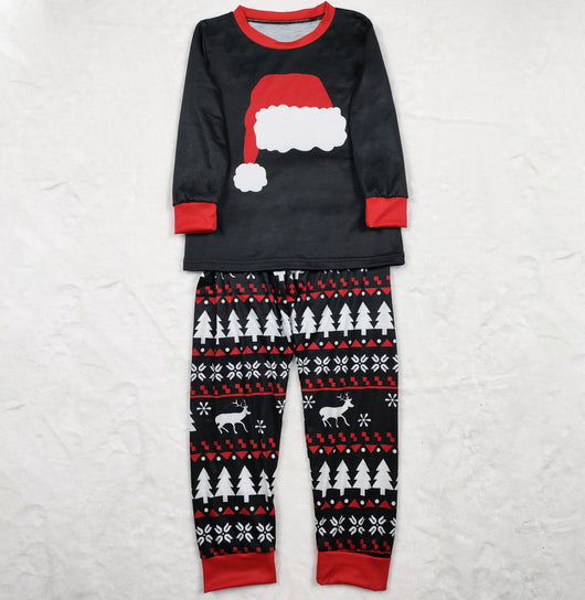 Black long-sleeve Christmas pajama top with a red Santa hat graphic and matching pants with a reindeer and tree pattern. - Image 13