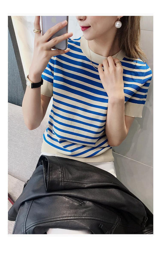 Blusa Holgada Ice Silk a Rayas con Cuello Redondo para Mujer - Image 11