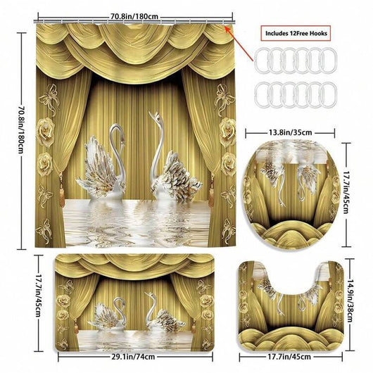 Gold and white three-piece bathroom mat set with a swan and floral design, including a bath mat, contour mat, and toilet lid cover. - Image 3