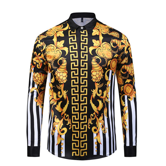 Camisa Elegante de Manga Larga con Estampado Floral Dorado Estilo Europeo