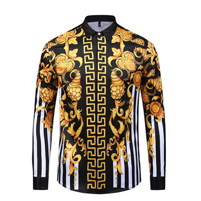 Camisa Elegante de Manga Larga con Estampado Floral Dorado Estilo Europeo