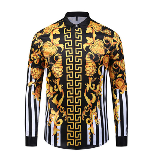 Camisa Elegante de Manga Larga con Estampado Floral Dorado Estilo Europeo