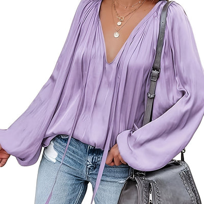Blusa de Satén con Cuello en V y Mangas Largas para Mujer - Image 15