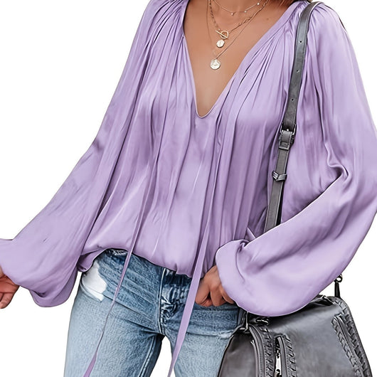 Blusa de Satén con Cuello en V y Mangas Largas para Mujer - Image 15
