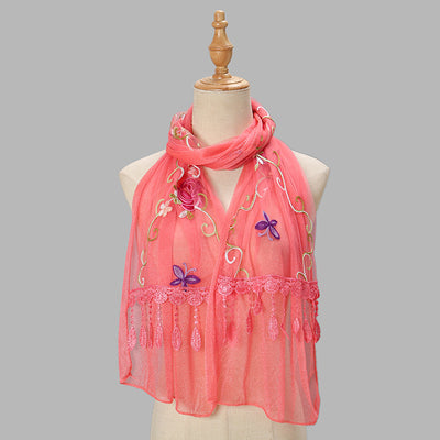 Pañuelo Floral Doble Capa con Bordado y Flecos para Mujer - Image 9