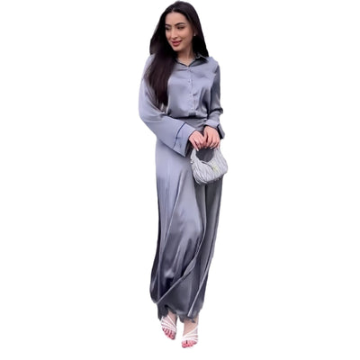 Conjunto de Falda y Blusa de Satén Elegante con Mangas Largas - Image 6