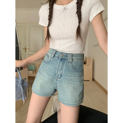 Shorts Denim Cintura Alta Elástico en Cuatro Lados Tonos Claros - Image 4