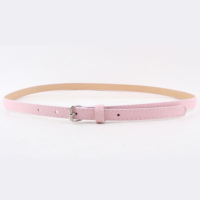 Thin brown imitation leather belt with a small silver D-shaped pin buckle, displayed on a white background. - Image 19