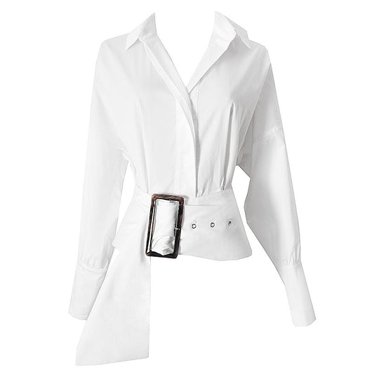 Camisa Blanca Manga Larga con Diseño de Cinturón - Image 8