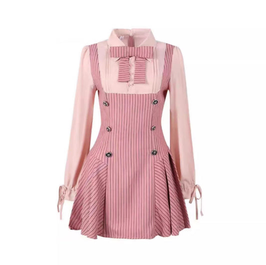 Vestido Preppy Dos Piezas con Blusa Manga Larga Fresca y Elegante