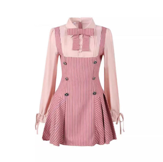 Vestido Preppy Dos Piezas con Blusa Manga Larga Fresca y Elegante