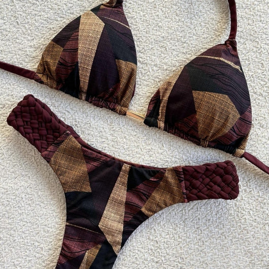 Women's blue, white, and gold marble print bikini with a triangle halter top and braided rope side details. - Image 4