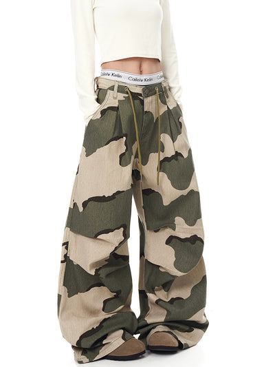 Pantalones Overol Camuflaje Plisados con Cordón - Corte Recto Ancho y Suelto - Image 3