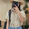 Camisa Retro de Rayas con Solapa Literaria, Manga Corta Suelta y Ligera