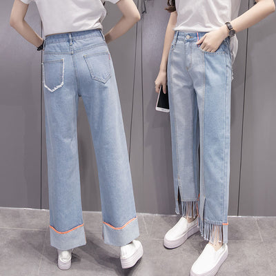Pantalón Denim Ancho con Flecos - Largo 7/8