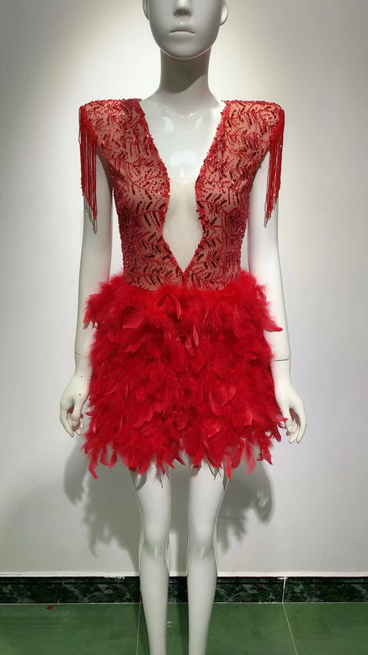 Vestido Corto Escote V con Flecos y Plumas - Ideal para Verano - Image 11