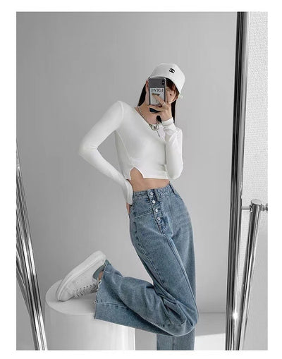 Pantalones Vaqueros de Cintura Alta con Diseño Irregular para Mujer - Image 3