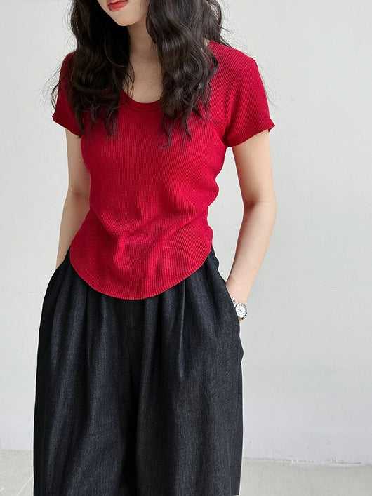 Camiseta Ajustada de Verano para Mujer - Cuello Redondo, Manga Corta y Cintura Definida - Image 33