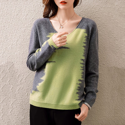 Suéter Suelto Cuello V Bloques de Color para Mujer - Image 11