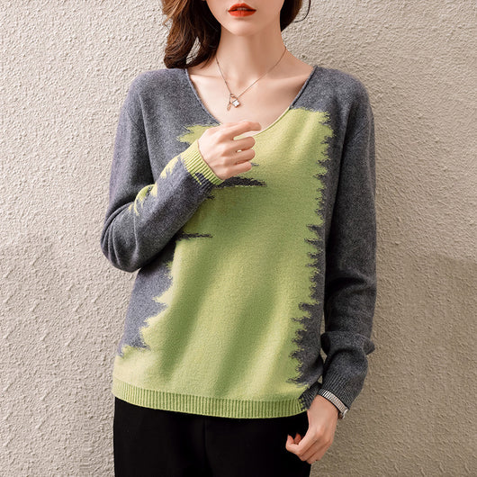Suéter Suelto Cuello V Bloques de Color para Mujer - Image 11