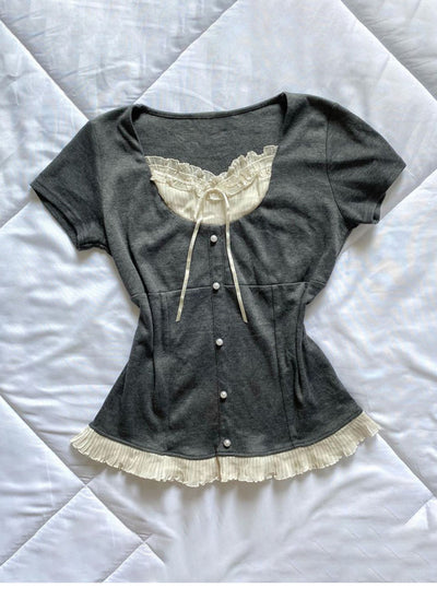 Blusa Femenina de Madera con Diseño de Empalme y Manga Corta - Image 3