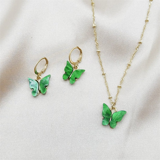 Pink acrylic butterfly necklace and earring set with gold-colored chain and hoop earrings. - Image 9